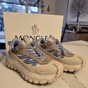 Moncler Women's Tan and Light Blue Sneakers 39